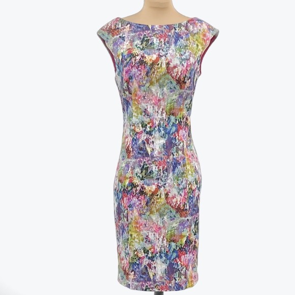 Kay Unger New York Multicolor Floral Watercolor Print Dress - Size 8 - Picture 1 of 10